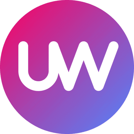Logo UW blanc sur fond dégradé rose violet